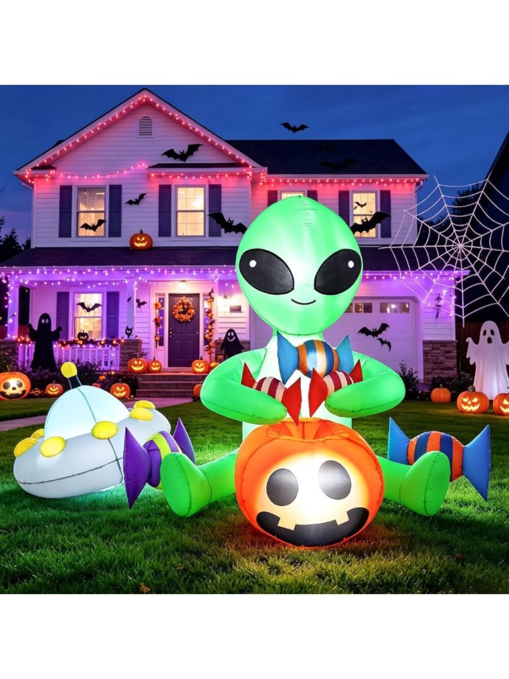 7FT Halloween Alien Inflatable Outdoor Decor with LED Lights - Spooky Yard Art
